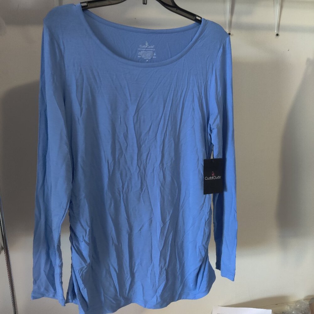NWT Cuddl Duds Women's Side Ruched Long Sleeve T-Shirt Blue Size M $30 FF372